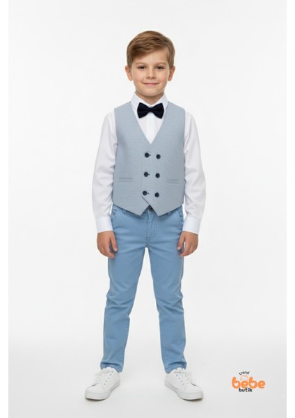 Erkek Çocuk 4’lü Smokin Takım, Gömlek Yelek Papyon ve Pantolon Şık Kombin, Davet & Özel Gün Mavi