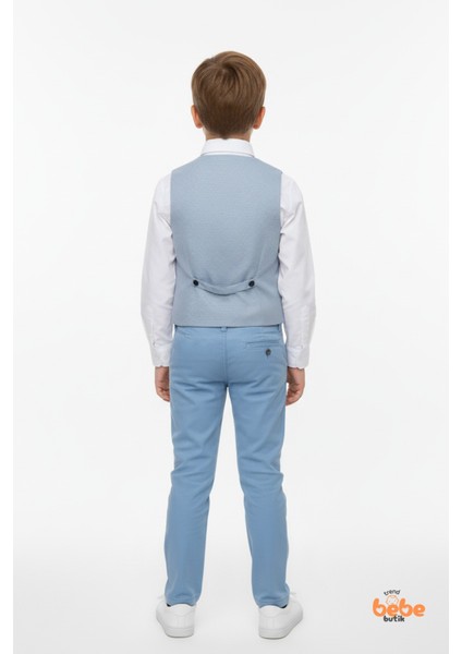 Erkek Çocuk 4’lü Smokin Takım, Gömlek Yelek Papyon ve Pantolon Şık Kombin, Davet & Özel Gün Mavi
