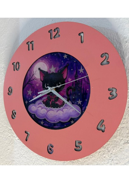 Kişiye Özel Isimli Gothic Kedi Tasarımlı Duvar Saati | Epoksi Dolgulu Resimli Rakamlı | 35 cm fırsatları