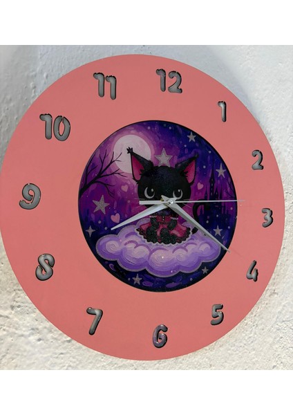 Kişiye Özel Isimli Gothic Kedi Tasarımlı Duvar Saati | Epoksi Dolgulu Resimli Rakamlı | 35 cm indirimleri
