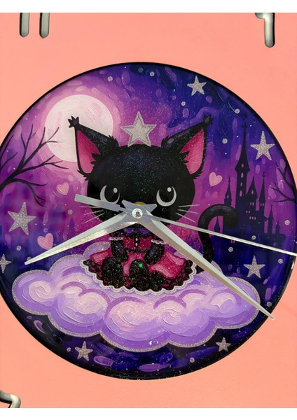 Kişiye Özel Isimli Gothic Kedi Tasarımlı Duvar Saati | Epoksi Dolgulu Resimli Rakamlı | 35 cm