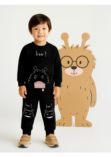 Boo Canavar Baskılı 2-5 Yaş Eşofman Takımı - Siyah 3-4 Yaş