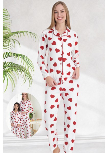 Anne Kız Kombini (Ayrı Ayrı Satılır) Beyaz Üzerine Kırmızı Kalp Desenli Pijama Takımı