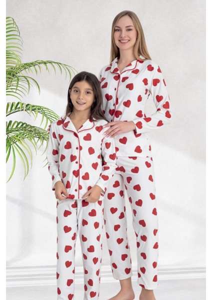 Anne Kız Kombini (Ayrı Ayrı Satılır) Beyaz Üzerine Kırmızı Kalp Desenli Pijama Takımı fiyatları