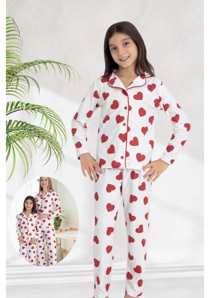 Anne Kız Kombini (Ayrı Ayrı Satılır) Beyaz Üzerine Kırmızı Kalp Desenli Pijama Takımı modelleri