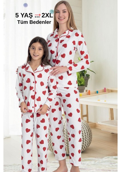 Anne Kız Kombini (Ayrı Ayrı Satılır) Beyaz Üzerine Kırmızı Kalp Desenli Pijama Takımı fırsatları