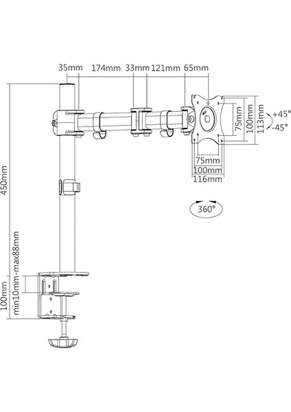 Monitör Tutucu - Masa Kelepçesi - 1 Monitör - 27 Inçe Kadar - 1x 8 Kg'a Kadar - Vesa 75X75, 100X100 - Siyah modelleri