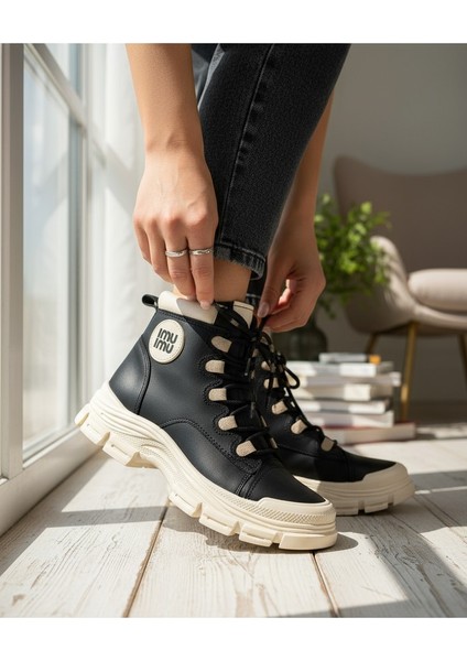 Conpax 5967 Siyah Bej Kadın Fermuarlı & Bağcıklı Bot