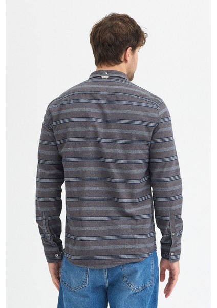 Regular Fit Pamuk Karışımlı Melanj Yatay Çizgili Düğmeli Yaka Gömlek