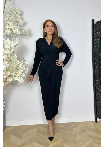 G1563 Kruvaze Yaka Drape Detaylı Elbise Siyah
