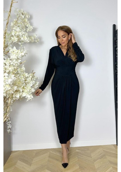 G1563 Kruvaze Yaka Drape Detaylı Elbise Siyah fiyatları