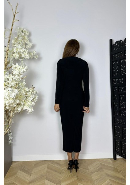 G1563 Kruvaze Yaka Drape Detaylı Elbise Siyah modelleri