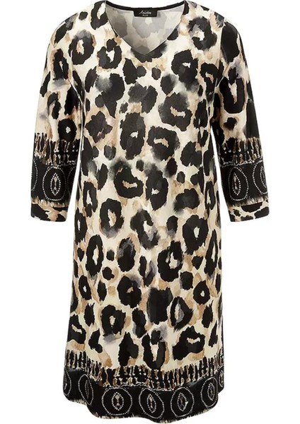 Kadın Büyük Beden Leopar Desen, V Yaka Cepli Elbise 65N39111 fiyatları