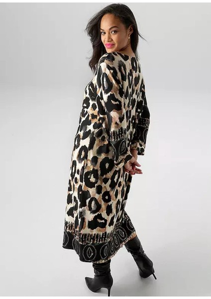 Kadın Büyük Beden Leopar Desen, V Yaka Cepli Elbise 65N39111