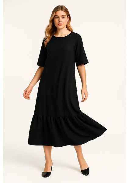 Kadın Büyük Beden Siyah, Dokuma Kumaş Elbise 65N39175