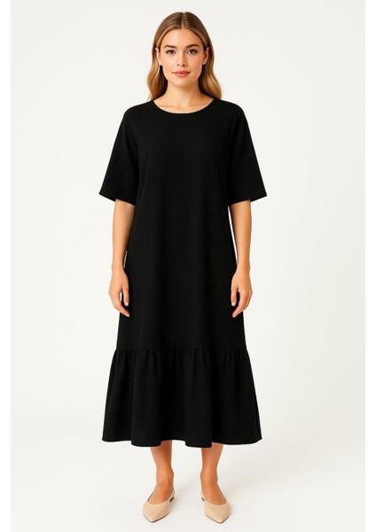 Kadın Büyük Beden Siyah, Dokuma Kumaş Elbise 65N39175 modelleri