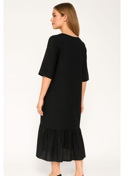 Kadın Büyük Beden Siyah, Dokuma Kumaş Elbise 65N39175 fırsatları