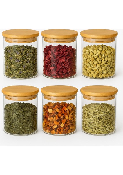 Noah Exclusıve Borosilikat Baharatlık 500 ml 6 Adet -(90 mm x 100 Mm)-Bambu Kapaklı-Sızdırmaz Silikonlu