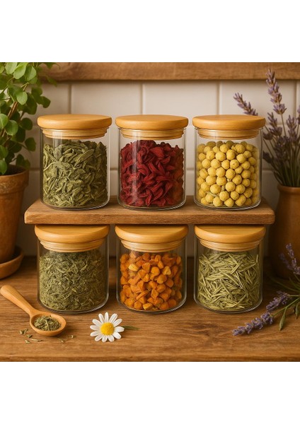 Noah Exclusıve Borosilikat Baharatlık 500 ml 6 Adet -(90 mm x 100 Mm)-Bambu Kapaklı-Sızdırmaz Silikonlu modelleri