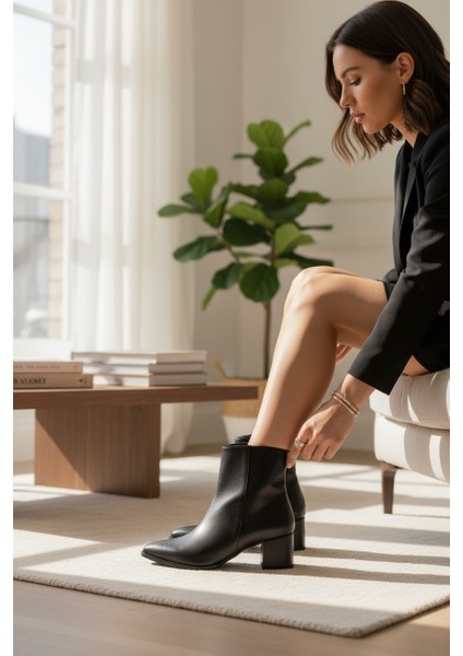 Popin Siyah Fermuarlı Kadın Sivri Burun Yarım Bot fiyatları