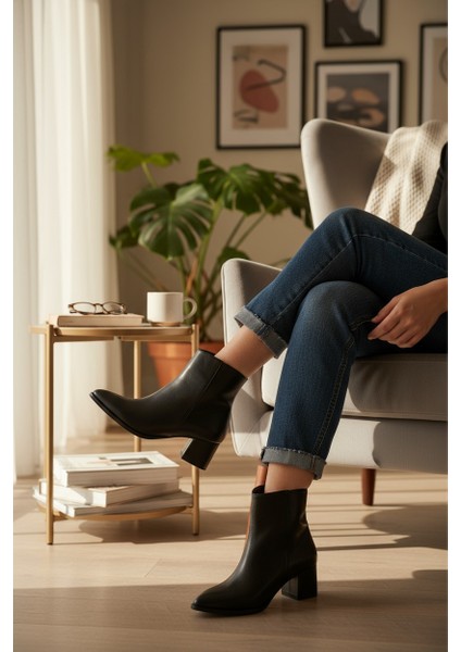 Popin Siyah Fermuarlı Kadın Sivri Burun Yarım Bot modelleri