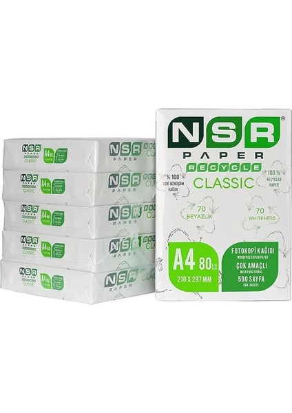 Paper Classic Geri Dönüştürülmüş A4 Fotokopi Kağıdı 80 gr 5'li Koli - 5x 500 = 2500 Yaprak Ürün Rengi%70 Beyazdır