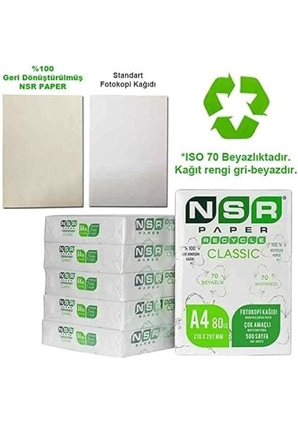 Paper Classic Geri Dönüştürülmüş A4 Fotokopi Kağıdı 80 gr 5'li Koli - 5x 500 = 2500 Yaprak Ürün Rengi%70 Beyazdır fiyatları