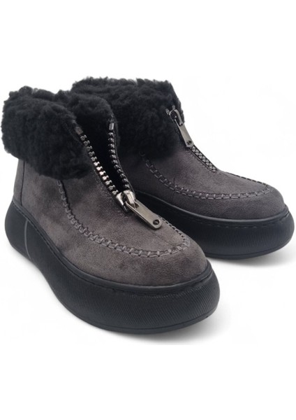 Kadın Kalın Taban Kürk Astarlı Önden Fermuarlı Bot Gri - 39 fiyatları