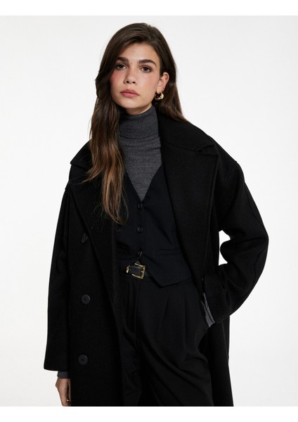 Uzun Kollu Cepli Kruvaze Kemerli Düğmeli Uzun Kaşe Kaban fiyatları