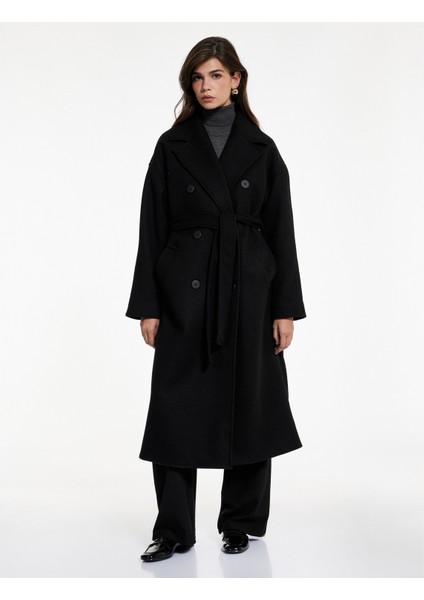 Uzun Kollu Cepli Kruvaze Kemerli Düğmeli Uzun Kaşe Kaban indirimleri