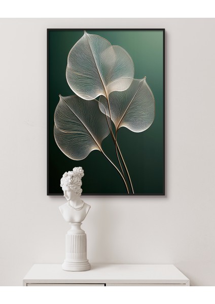 Metal Çerçeveli Gerçek Camlı Tablo, Yaprak Temalı Dijital Baskılı Tablo, Salon, Oturma Odası Tablo