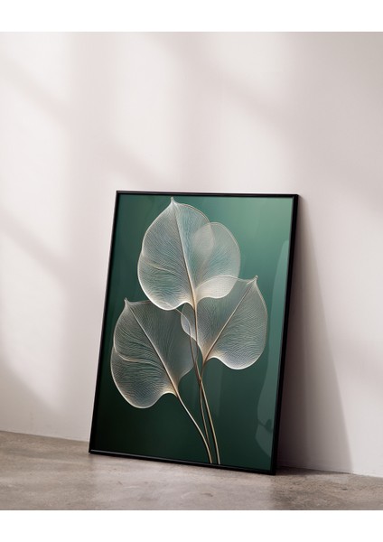 Metal Çerçeveli Gerçek Camlı Tablo, Yaprak Temalı Dijital Baskılı Tablo, Salon, Oturma Odası Tablo