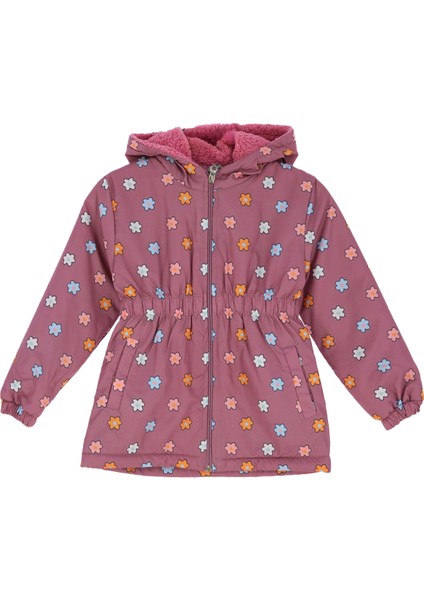 Kız Çocuk Içi Peluş Astarlı-Desenli-Kapüşonlu-Beli Lastikli Mont 12363