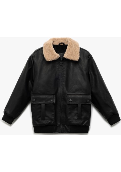 Fermuarlı Peluş Yaka Cepli Bomber Deri Ceket