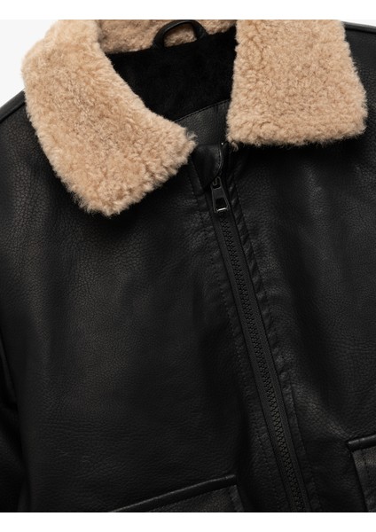 Fermuarlı Peluş Yaka Cepli Bomber Deri Ceket modelleri