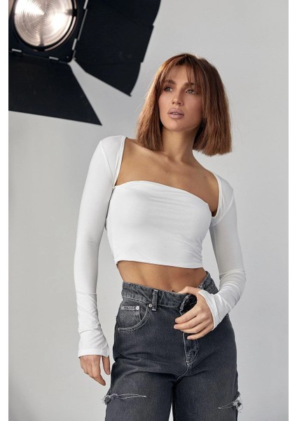 Kara Yaka Uzun Kollu Crop - Beyaz -Vlmr fiyatları