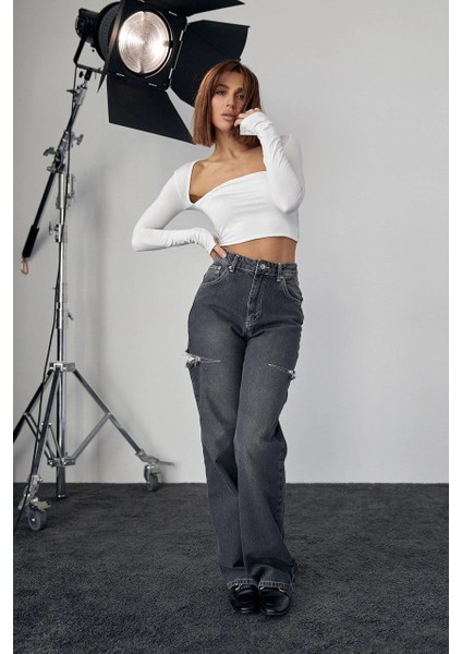 Kara Yaka Uzun Kollu Crop - Beyaz -Vlmr fırsatları