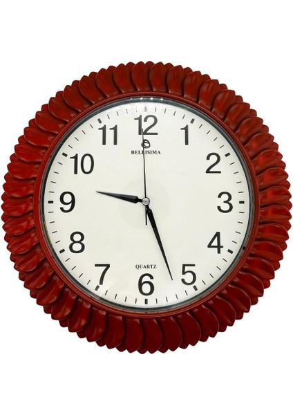 BL-1074 Serisi Klasik Kadran Yaprak Desenli Sessiz Akar 30 cm Duvar Saati Kırmızı