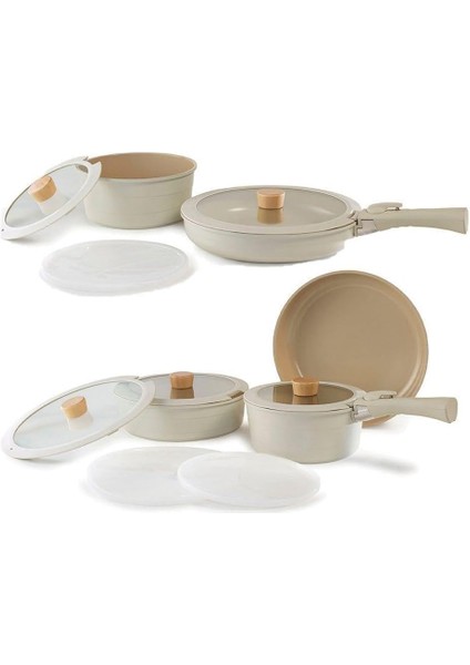 Midas Bej 15 Parça Ayrılabilen Saplı Iç Içe Geçebilen Indüksiyonlu Tencere Tava Seti
