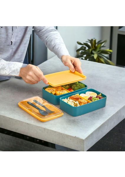 Katlı Çatal Kaşıklı Ayarlanabilir Bölme Beslenme Kabı Sarı Kapak