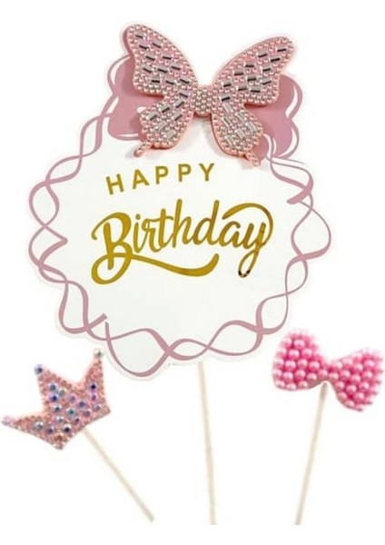 Kelebek Taşlı Happy Birthday Lüx Pasta Süsü
