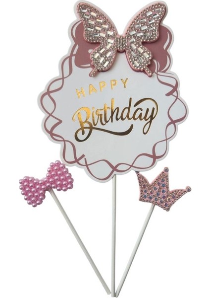 Kelebek Taşlı Happy Birthday Lüx Pasta Süsü fiyatları
