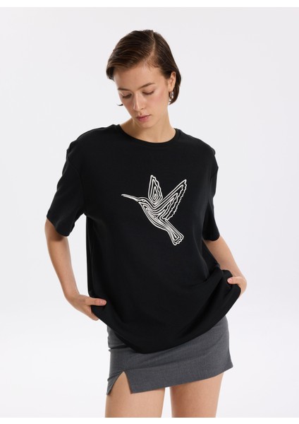 Bisiklet Yaka Baskılı Siyah Kadın T-Shirt F5WL-TST0383