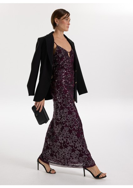 V Yaka Payetli Bordo Maksi Kadın Elbise F5WL-ELB0402