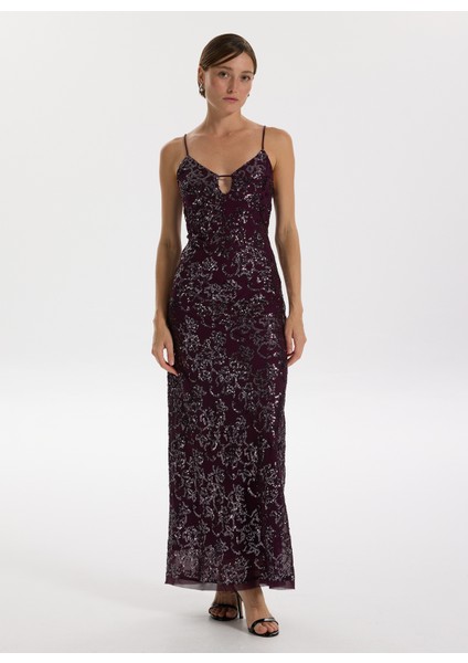 V Yaka Payetli Bordo Maksi Kadın Elbise F5WL-ELB0402 fırsatları