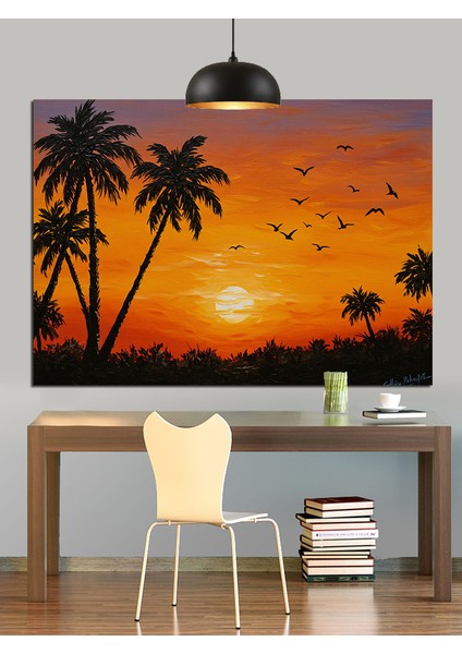 Gün Batımı Palmiye Ağaçları Dekoratif Kanvas - Mdf Ahşap Tablo