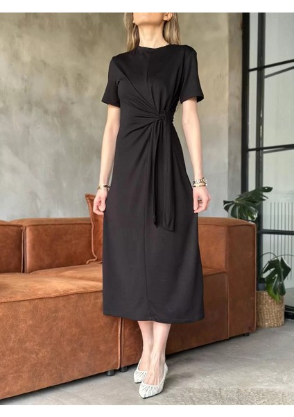 Osy Modal Yumuşak Dokulu Kumaş Yandan Bağlamalı Elbise - Siyah