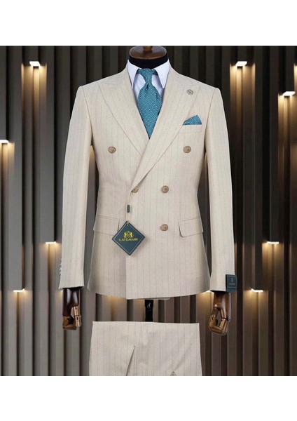 Özel Tasarım, Kruvaze, Kırlangıç Yaka, Slim Fit, Çizgili, Erkek Takım Elbise, Krem