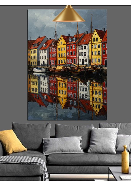 Tarihi Binalarla Çevrili Renkli Avrupa Kanalları Dekoratif Kanvas - Mdf Ahşap Tablo modelleri