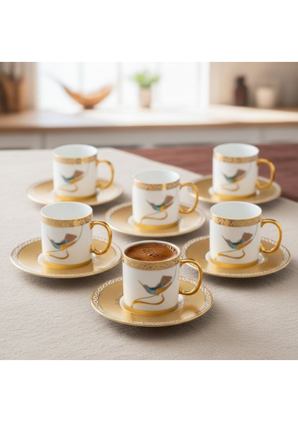 Starling Beyaz Gold Renk Kuş Figürlü 6 Kişilik Porselen Kahve Fincan Takımı - 90 Ml. fiyatları